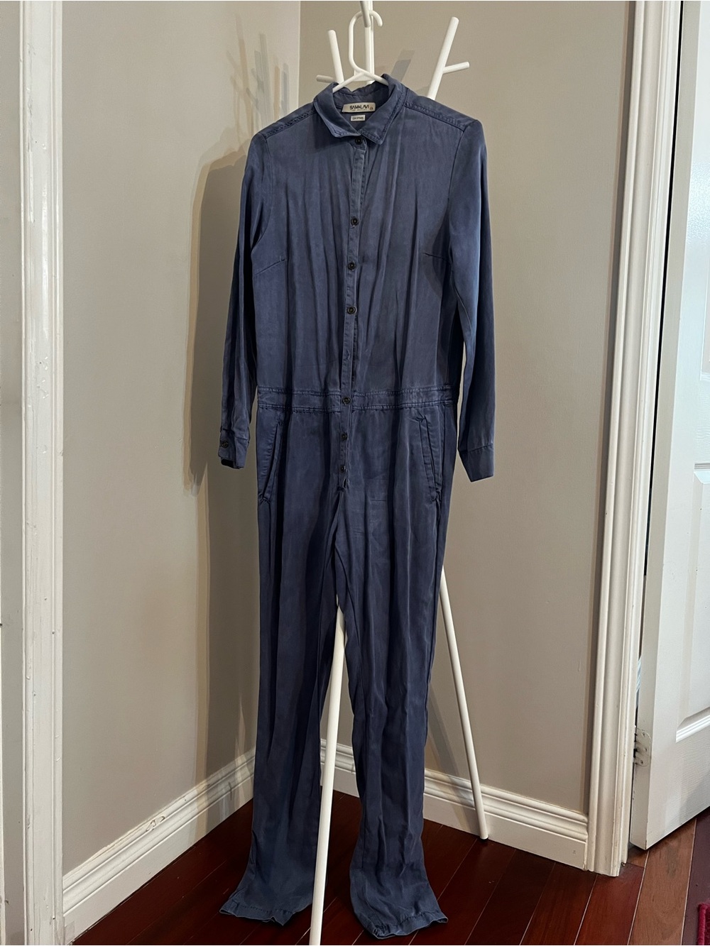 Denim Button-Front Long-Sleeve Jumpsuit - Picture 6 of 10